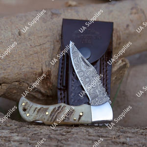 Couteau de poche pliant professionnel en acier Damas forgé à la main, qualité industrielle, ultra-affûté, avec manche en os de chameau, pour survie et usage tactique - Product Image 6