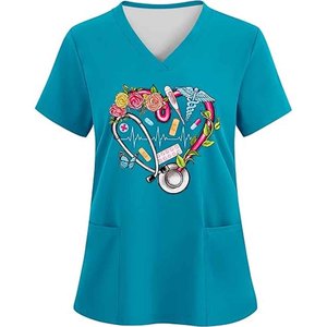 Women Teal Scrub Top Short Sleeve V-Neck Heart Print Stethoscope Design Pockets Hospital Uniform Blouse Needle Detection - Product Image 1
