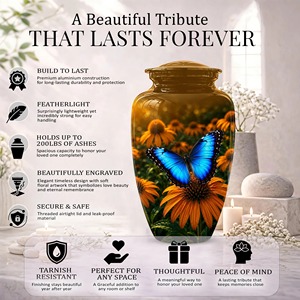 Urne funéraire pour cendres d'adultes avec motif de papillon bleu et de fleurs, urne commémorative classique avec couvercle et sac en velours gratuit - Product Image 5