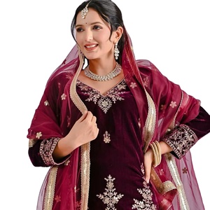 Ensemble Salwar Kameez Léger en Soie Georgette Ethnique Brodé avec Fausse Fourrure, Top, Sharara, Plazzo et Dupatta pour Femme, Tenue de Soirée, Non Cousu - Product Image 1