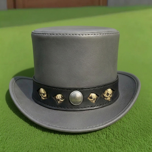 High quality custom made Handmade Grey Leather Skull Top <b>Hat</b> Gothic <b>Steampunk</b> Biker Cosplay <b>Hat</b> - Product Image 1