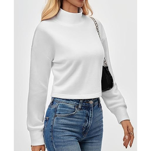 Women Casual Crop Boxy Printed Mock Neck Solid Color Long Sleeves Knitted Front Logo Breathable Quick Dry Winter Sweatshirt - Product Image 4