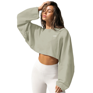 Top Corto de Manga Larga para Mujer, Talla Grande, Tejido Sólido, 100% Algodón, Cuello Redondo, Forrado, Transpirable, con Logotipo Frontal, Otoño Invierno - Product Image 4