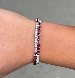 กำไลข้อมือเพชรเทียม IGI Certified Lab Grown Diamond ยี่ห้อ EtherStar Jewels น้ำหนัก 10.0 กะรัต แบบสองแถว ประดับทับทิมสีแดงครึ่งวง 18K/14K/10K ทองคำแท้สำหรับผู้หญิง - Product Image 1