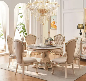 ชุดโต๊ะรับประทานอาหารทรงกลมไม้สักแท้สุดหรู ดีไซน์ฝรั่งเศส เฟอร์นิเจอร์สำหรับรับประทานอาหาร เหมาะสำหรับโรงแรม อพาร์ตเมนต์ ผลิตในอินโดนีเซีย - Product Image 6