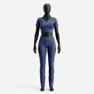 Conjunto coordinado de top corto y pantalón de lujo en algodón elastano de 260 GSM, marrón y rosa, con paneles cosidos, detalles de encaje y logotipo personalizado. - Product Image 3
