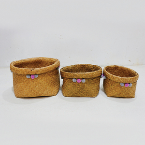 Paniers de rangement en feuilles de palmier naturelles, forme rectangulaire, écologiques, multi-usages, organiseurs pratiques avec décorations en pompons - Product Image 3