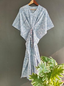 <b>Boho</b> Floral Block Print Kaftan <b>Dress</b> With Tie Back Loose Fit Short Sleeve Cotton <b>Summer</b> Casual Women's <b>Dress</b> - Product Image 2