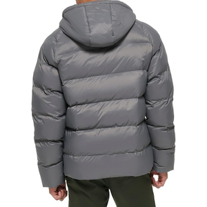 Gray Hooded Puffer <b>Jacket</b> Windproof Zipper Closure Polyester Winter Coat Casual Style Regular Fit - Product Image 3
