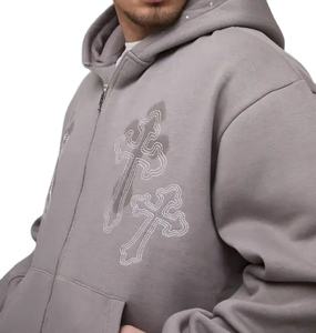 Sudadera con capucha gruesa y pesada para hombre, con cremallera frontal y pedrería, hombros caídos, 450 GSM, forro polar de poliéster/algodón personalizado de alto gramaje - Product Image 3