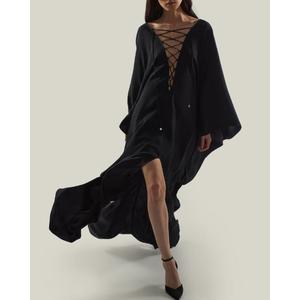 Elegant <b>Black</b> Empire Gown V-neck Full Sleeve Floor-Length <b>Kaftan</b> Party Dress A-Line Silhouette Cotton Fabric All Seasons Wear - Product Image 5
