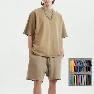 Custom <b>Mens</b> Summer Tracksuit <b>2</b> <b>Piece</b> 100% Cotton T Shirt and Shorts <b>Set</b> <b>Men</b> Wear Gray Short <b>Sets</b> With Sticker Printing - Product Image 1