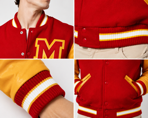 เสื้อแจ็คเก็ตวาร์ซิตี้สีแดงสำหรับผู้ชาย แขนหนังสีเหลือง พร้อมลายปักตัวอักษร M ด้านหน้า สไตล์พรีปปี้ เหมาะสำหรับใส่ในฤดูใบไม้ร่วง - Product Image 6