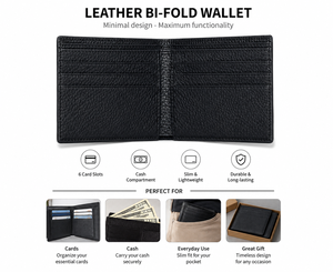 กระเป๋าสตางค์หนังแท้พรีเมียมสำหรับผู้ชาย พร้อมช่องใส่บัตรประชาชน ที่หนีบเงิน ซับในโพลีเอสเตอร์ ปิดแบบเปิด  รับทำโลโก้ตามสั่ง - Product Image 4