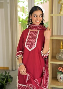Twin Feet Women's Premium Lehriya Farsi Design Pure Cotton Kurti & Pant with Dupatta Suit Set Lace work & Embroidery - Product Image 2