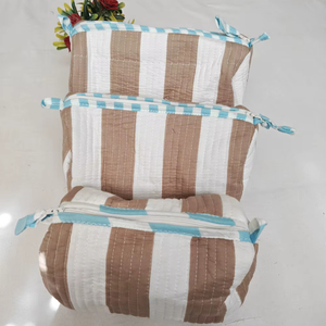 Sacs de maquillage en coton durable à rayures blanches et brunes imprimées, pochettes indiennes, trousse de rangement cosmétique de voyage - Product Image 5
