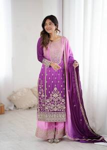 Conjunto de Diseño Indio: Top de Seda Chinon Sombreada con Codificación Dori, Bordado con Lentejuelas e Hilos, Pantalón Palazzo y Dupatta con Trabajo de Codificación Dori y Lentejuelas - Product Image 2
