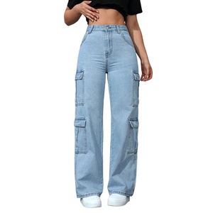 Jean cargo en denim bleu clair pour femme, taille haute, coupe ample, jambe large, multi-poches, style décontracté streetwear, respirant et séchage rapide pour l'automne - Product Image 1