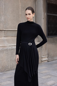 Summer Woven Midi Turtle Neck Casual Regular Sleeve Minimalist Simple Stripes Loose Waist Breathable Front Logo Dresses - Product Image 2