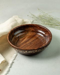 Ensemble de 3 bols de service en bois faits à la main avec incrustations florales, bols rustiques en bois pour salade, fruits et en-cas, pour la table et la maison - Product Image 2