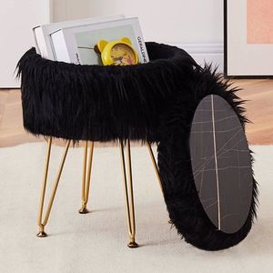 Round Furry Vanity Stool with Marble Tray <b>Compact</b> Soft <b>Makeup</b> Seat Faux Fur Storage Ottoman 4 Metal Legs - Product Image 1