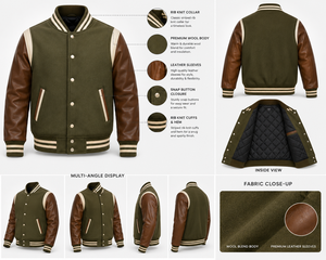 Veste de baseball pour homme de style universitaire décontracté, couleur vert olive, avec manches en cuir marron et bordures crème - Product Image 4