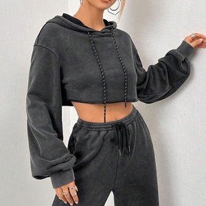 Custom Women <b>Black</b> Short Hoodie Contrast White Drawstring Athletic Fit Loose Blank Casual Fleece <b>Sweatshirt</b> - Product Image 5