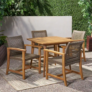 Ensemble de salle à manger d'extérieur en teck 5 pièces avec chaises en fausse rotin, mobilier de jardin résistant aux intempéries pour 4 personnes - Product Image 2