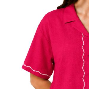 <b>Red</b> Floral Embroidered Women Short Sleeve Button Up Shirt Casual Summer Cotton <b>Blouse</b> With Collar Custom Fashion Tops OEM Style - Product Image 3