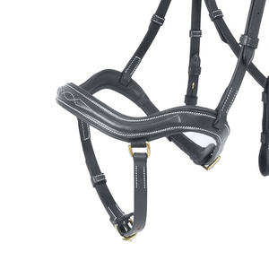 Bridon de cheval en cuir noir avec surpiqûres blanches et ferrures en laiton - Product Image 6