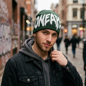 Dark Green White Graphic Knit Beanie Hat Custom Logo Ribbed <b>Winter</b> <b>Cap</b> Unisex Streetwear Fashion Headwear Wholesale OEM Factory - Product Image 2