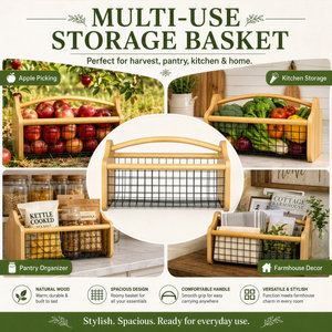 Panier en fil de fer en bois de pin naturel avec poignée en bois, chariot de rangement portable pour produits frais - Product Image 4