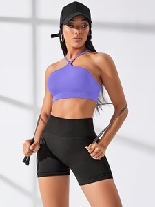 Female Seamless Halter Neck Athletic <b>Crop</b> <b>Top</b> Breathable Micro Knit Workout Bra Removable Cup Insert Wholesale Supply - Product Image 1