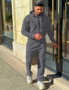 Conjuntos deportivos de 2 piezas, chándales con capucha, chándal atlético de corte regular, conjunto de chándal a cuadros jacquard. - Product Image 2