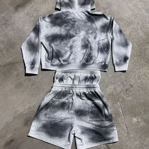 Ensemble sweat à capuche et short décontracté unisexe en coton respirant avec strass effet délavé, idéal pour l'hiver – Vente en gros - Product Image 3