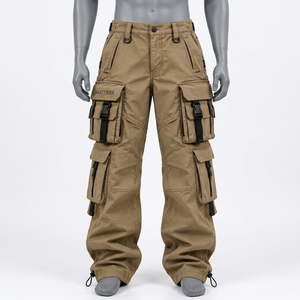 <b>Mens</b> <b>Khaki</b> <b>Cargo</b> <b>Pants</b> With Multi Pocket Design Black Buckle Straps Zipper Details Loose Fit Utility Streetwear Trousers - Product Image 5