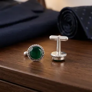 Ensemble de boutons de manchette Niharika Gems, élégants et tendance, en onyx vert, en argent sterling 925 plaqué, pour hommes et femmes. - Product Image 3