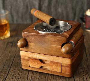 Cenicero de madera al por mayor, retro, con cajón para encendedor, hecho a mano, de madera maciza, para escritorio, ideal para regalo - Product Image 2