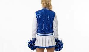 Chaqueta universitaria de lentejuelas azul real con mangas blancas, de poliéster y spandex, estampada, para adolescentes, uniforme de porristas. - Product Image 3