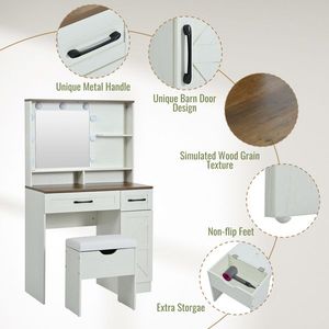"Farmhouse Glass & Wood <b>Makeup</b> Vanity Desk with 3 Lighting Modes Adjustable Stool & <b>Mirror</b> Lights" - Product Image 4