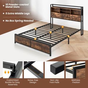 Cabecero de Cama con Estantería de 3 Niveles y Estación de Carga, Estructura de Cama Tamaño Matrimonial/Queen, Juego de Dormitorio - Product Image 6