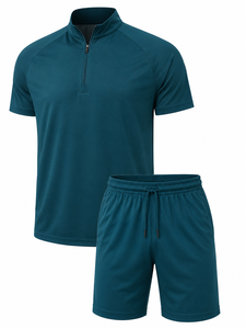 Grace Collection Men's Streetwear Hooded Quarter-Zip Short-Sleeve Top Shorts <b>Set</b> Quick Dry Fleece 100% Polyester Winter Solid - Product Image 2