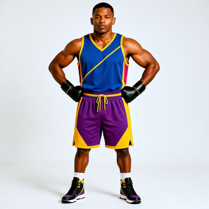Ensemble de boxe géométrique coloré en polyester, vêtements d'entraînement avec gants, shorts et haut durables pour toutes les saisons - Product Image 1