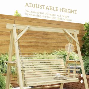 Balançoire de véranda en bois 3 places avec support, balançoire de patio en bois naturel avec tables latérales pour jardin, bord de piscine ou cour arrière - Product Image 6