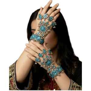 Conjunto de Joyería Étnica Hecha a Mano: Brazalete Tribal Afgano Kuchi Colorido con Trabajo de Espejo y Cadena de Anillo Boho para el Dedo - Product Image 1