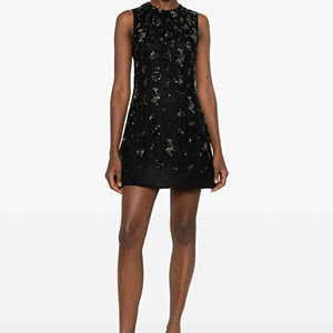 มินิเดรสสีน้ำเงิน ประดับด้วยลูกปัดสวยงาม คอวี เอวธรรมชาติ สายเดี่ยว ลายพิมพ์ เดรสสั้นสำหรับงานปาร์ตี้ - Product Image 1