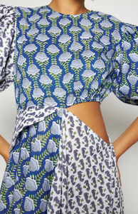 Vestido largo bohemio de verano para mujer, azul, estampado, con patchwork, corte recortado y mangas abullonadas - Product Image 6