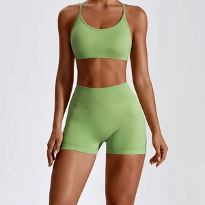 Women Yoga <b>Set</b> <b>Green</b> Seamless Racerback Crop Top High Waist Shorts 2 Piece Workout Sportswear Front Logo Spandex/Nylon - Product Image 3