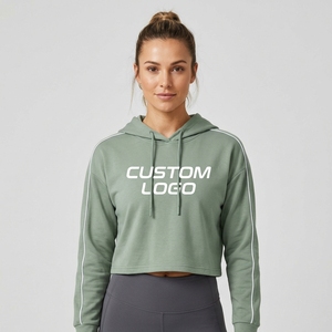 Sweat-shirt court à capuche vert sauge pour femme, manches longues, cordon de serrage, logo personnalisé, impression de lettres, respirant, qualité supérieure - Product Image 1
