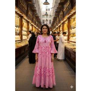 Vestido Maxi Estampado Rosa para Mujer, Cuello Redondo, Manga 3/4, Estilo Casual Holgado, Vestido Bohemio de Algodón, Venta al Por Mayor - Product Image 1